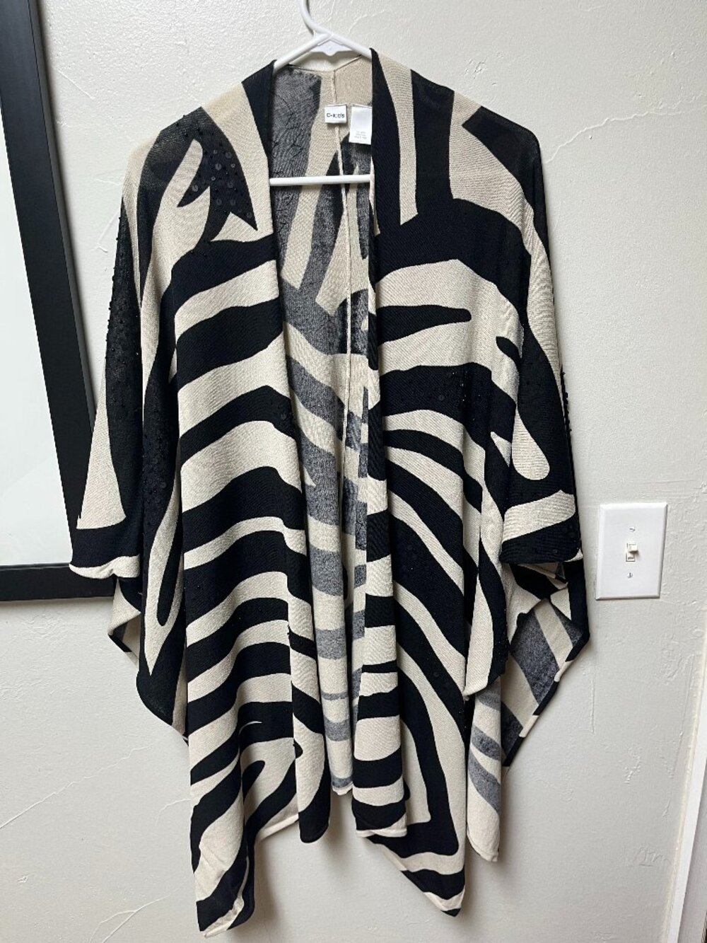 Chico's black and cream zebra -print open front wrap